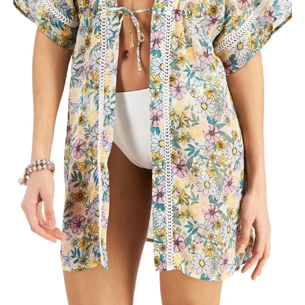 Miken S Kimono Swim Cover up Angora Lavender Retro Floral Eyelet Lace Swimwear